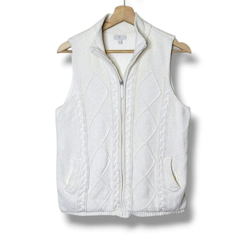 Talbots Petite Cream Knit Sweater Vest Full Zip Size PL 100% Cotton - Picture 1 of 7